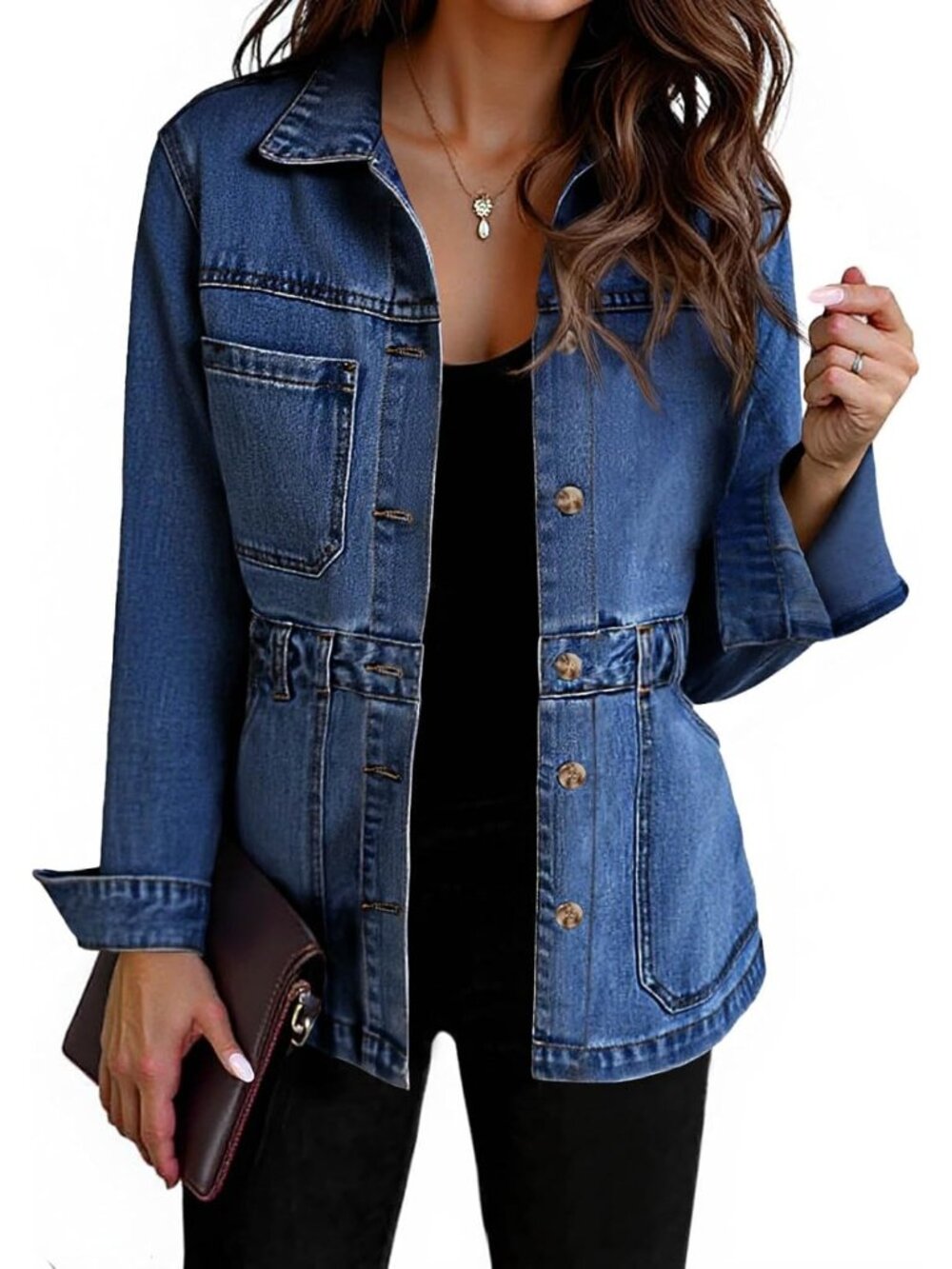 〽️Women Navy Denim Oversized Button Down Front Side Pockets Shacket Jean Jacket